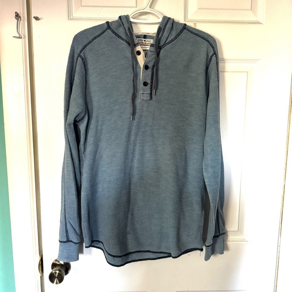 Lucky Brand Men’s Small Blue Waffle Knit Thermal Henley‎ Hoodie Coastal